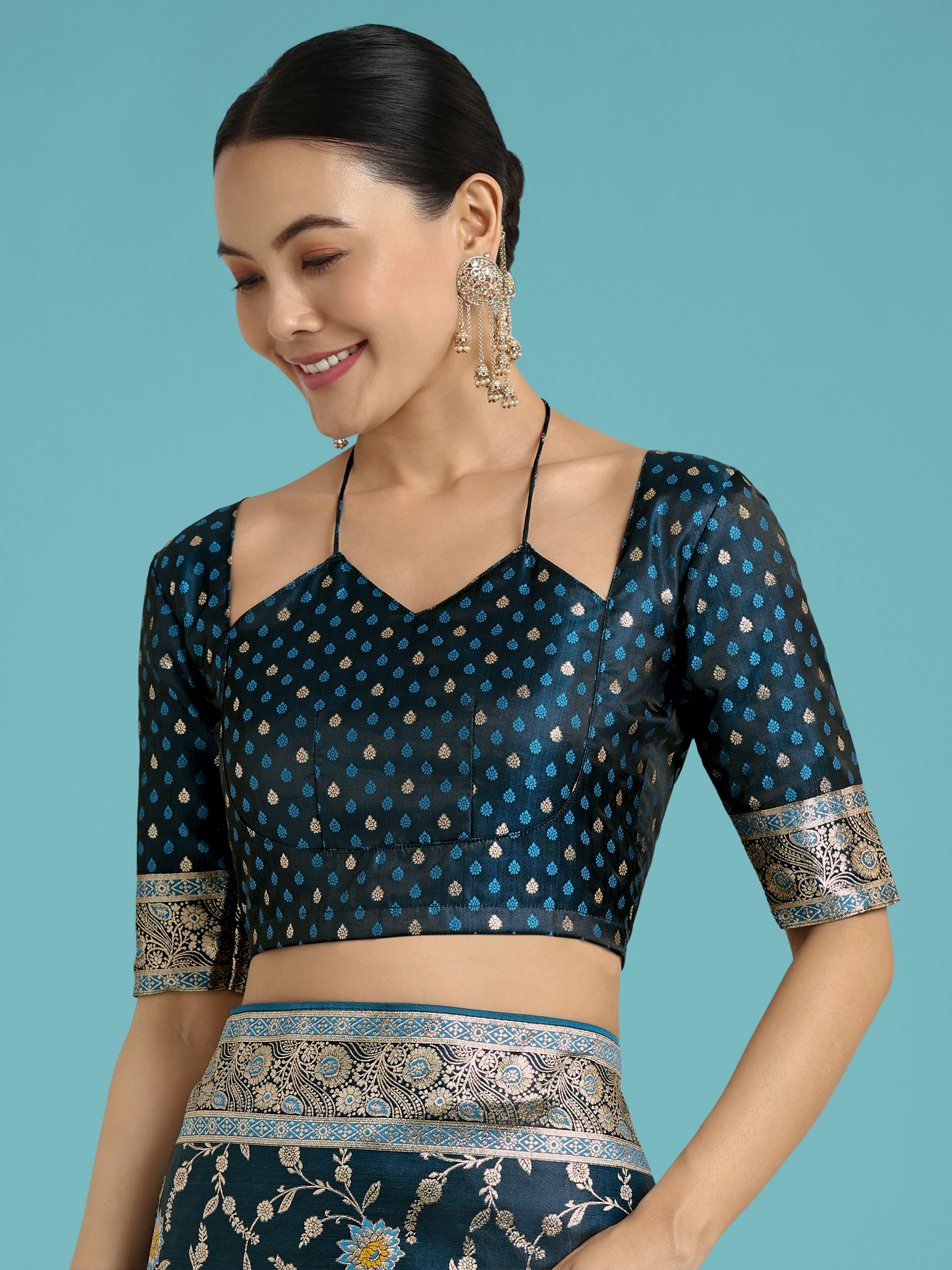 Monjolika Fashion Dark Teal Zari Woven Banarasi Classic Satin Silk Saree