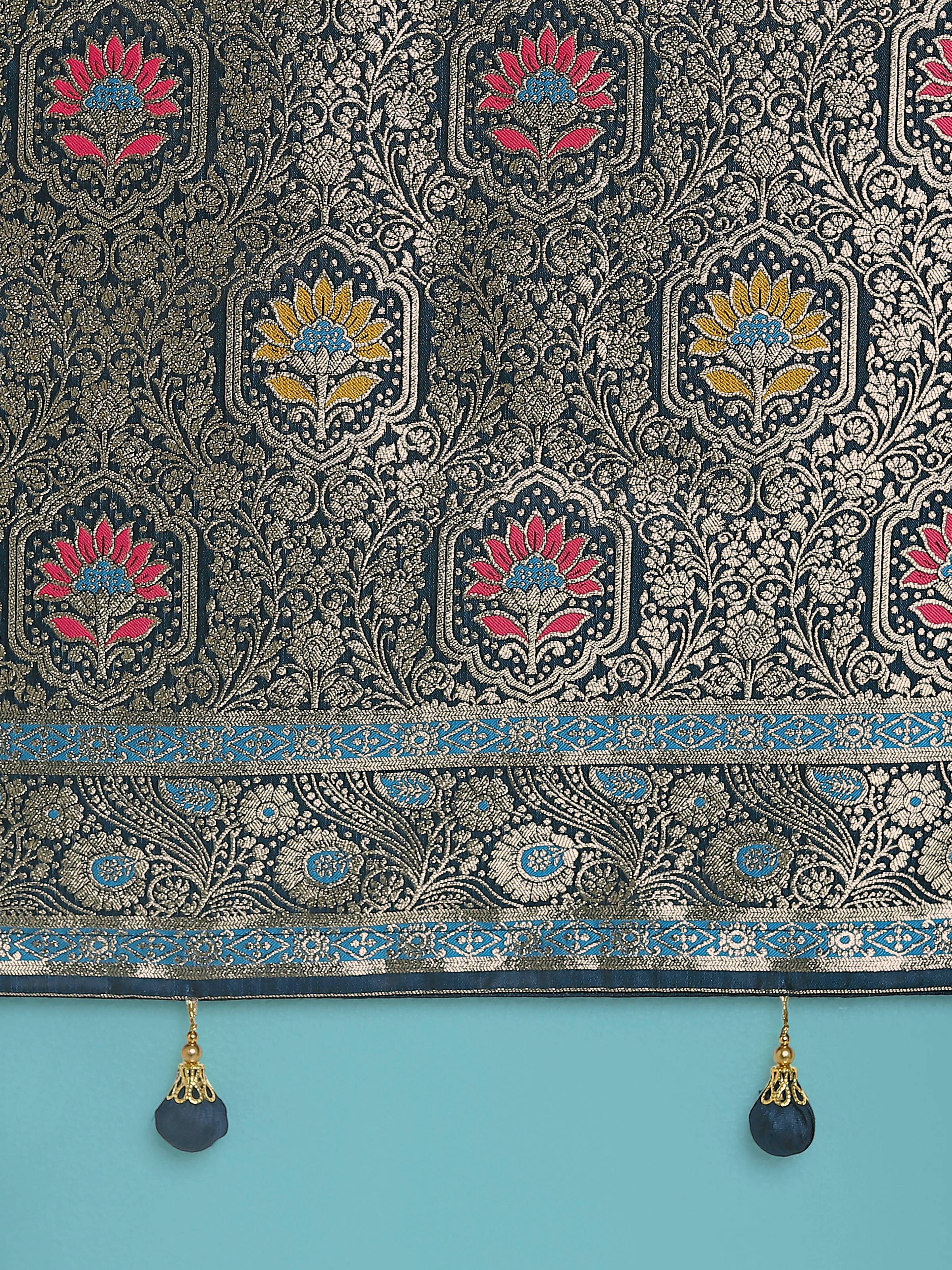 Monjolika Fashion Dark Teal Zari Woven Banarasi Classic Satin Silk Saree