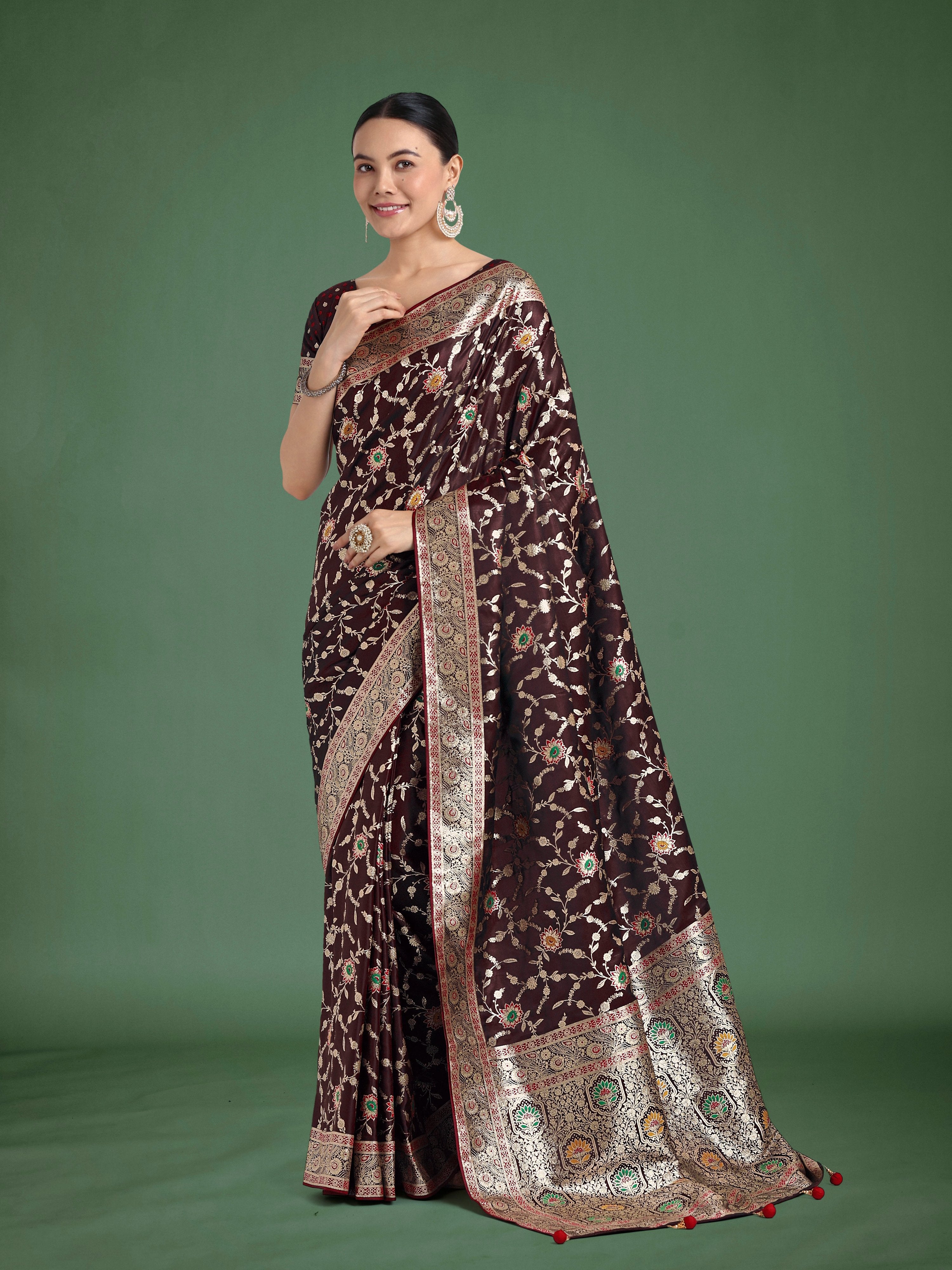 Monjolika Fashion Maroon Zari Woven Banarasi Classic Satin Silk Saree