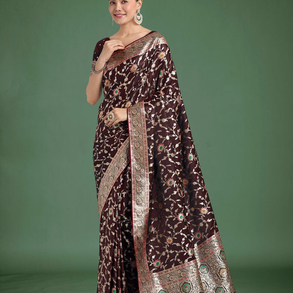 Monjolika Fashion Maroon Zari Woven Banarasi Classic Satin Silk Saree - Distacart