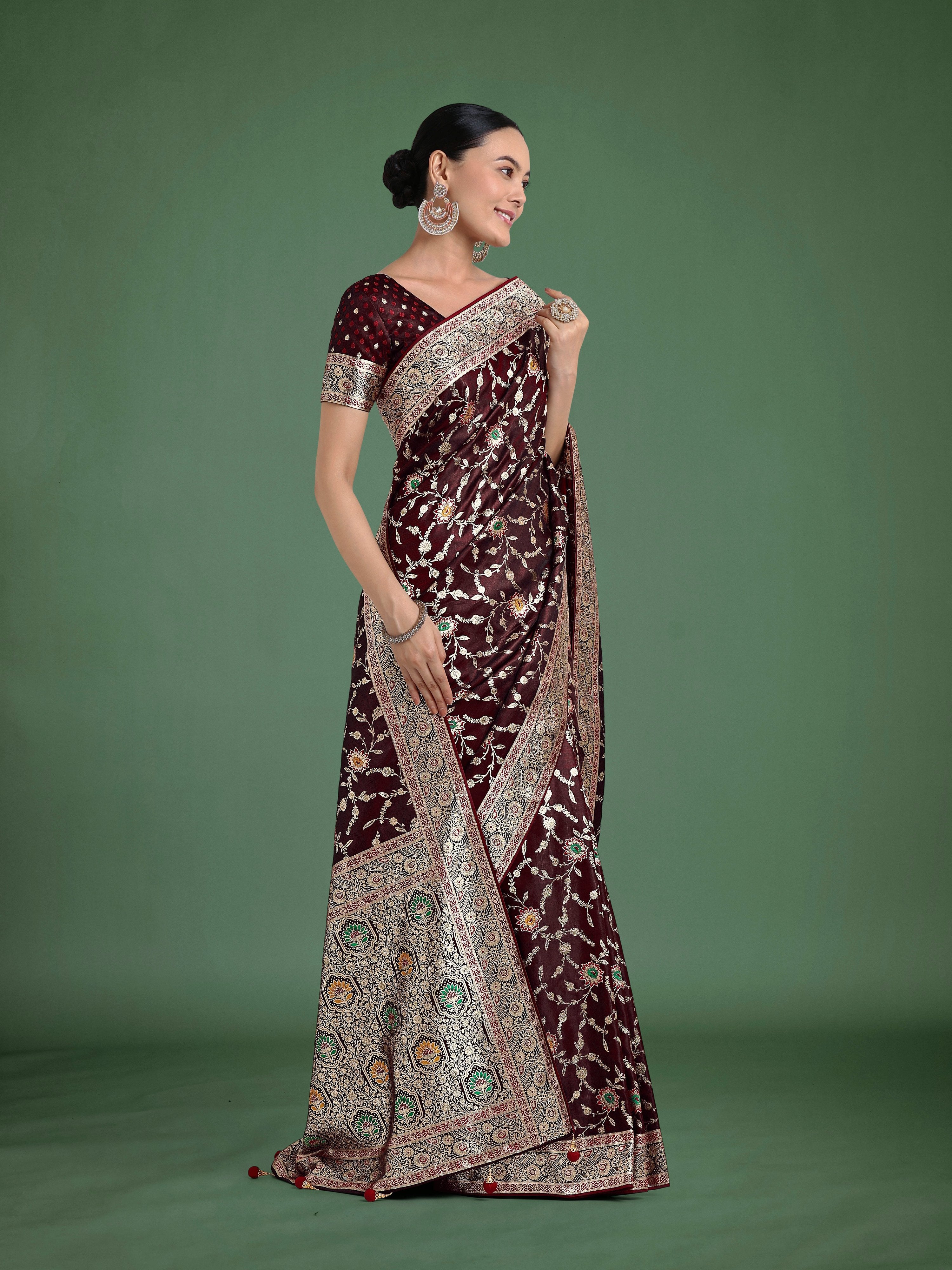 Monjolika Fashion Maroon Zari Woven Banarasi Classic Satin Silk Saree