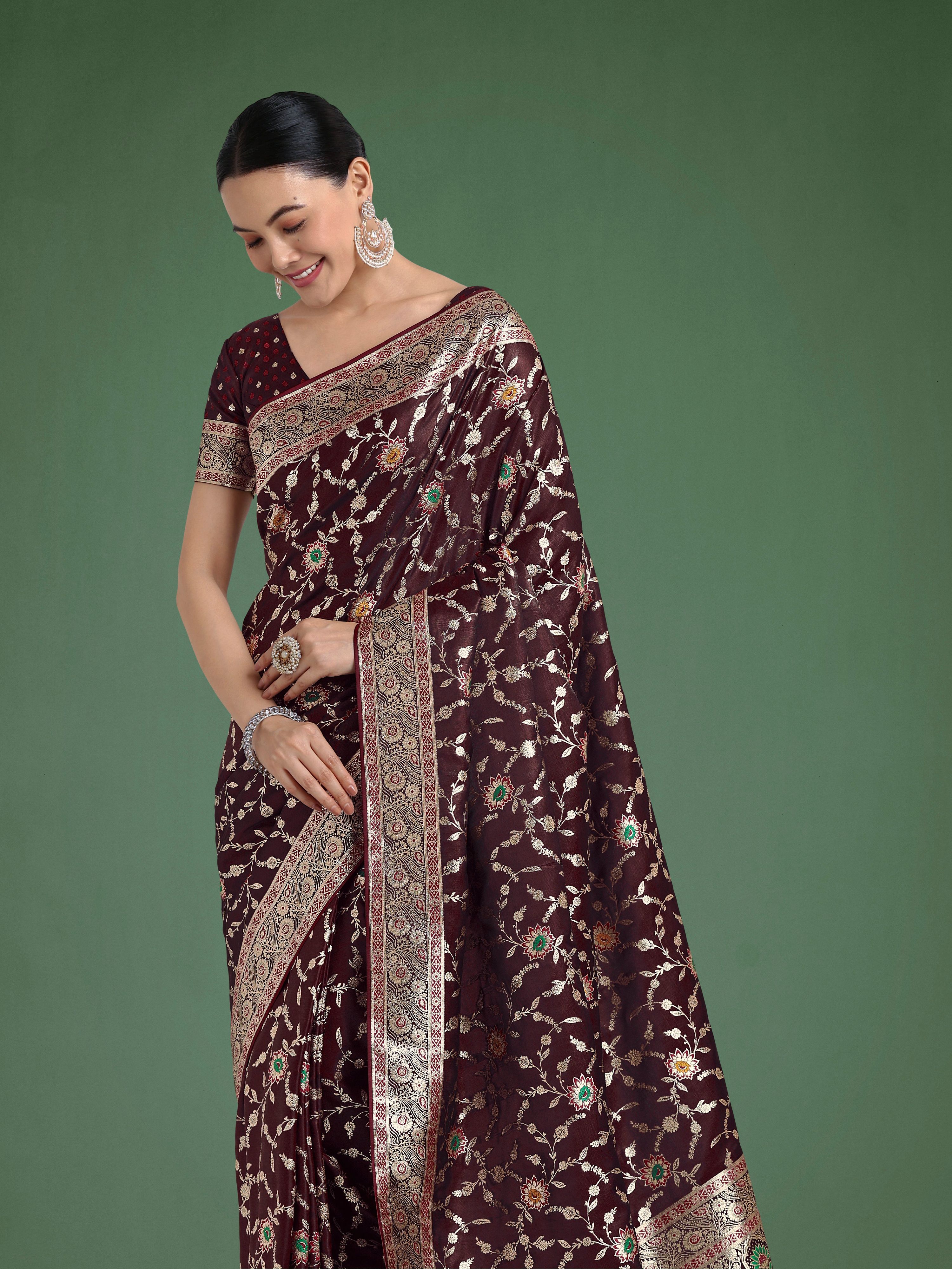 Monjolika Fashion Maroon Zari Woven Banarasi Classic Satin Silk Saree