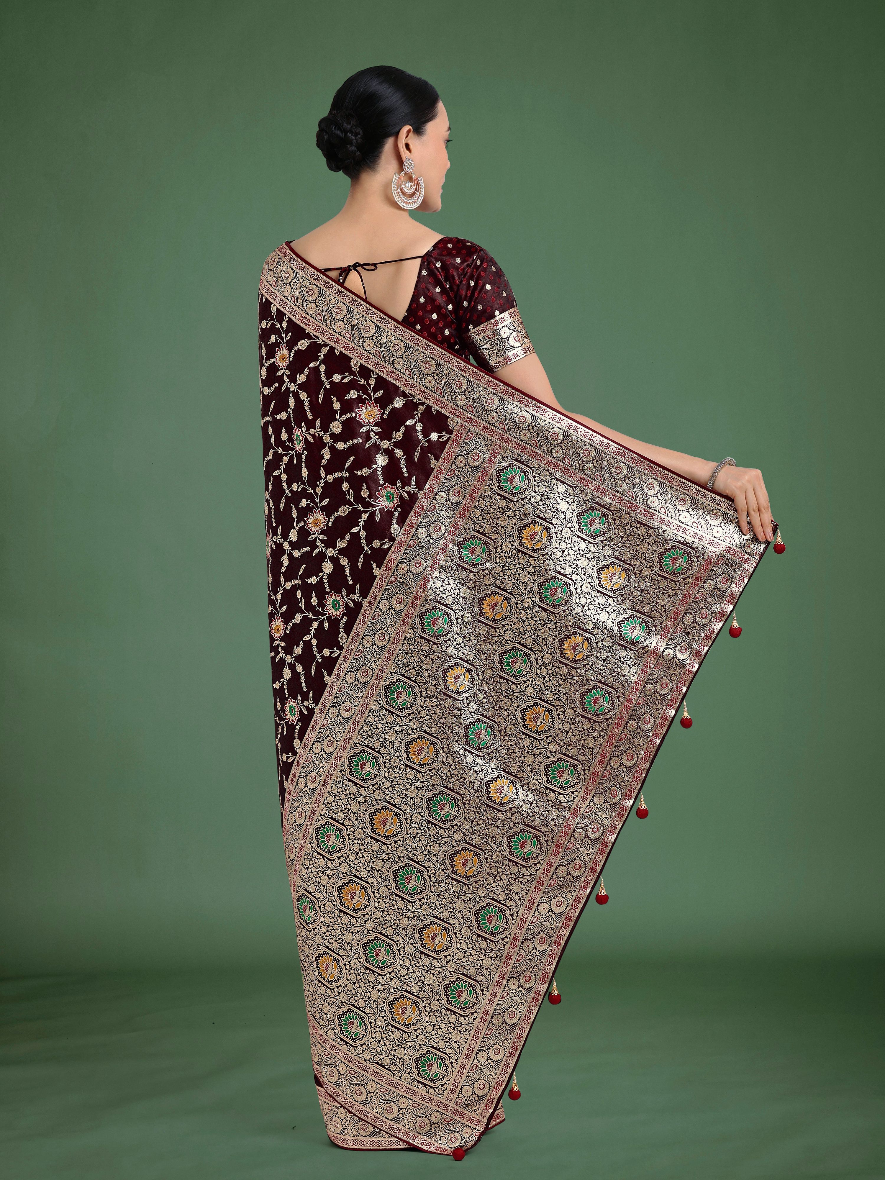 Monjolika Fashion Maroon Zari Woven Banarasi Classic Satin Silk Saree
