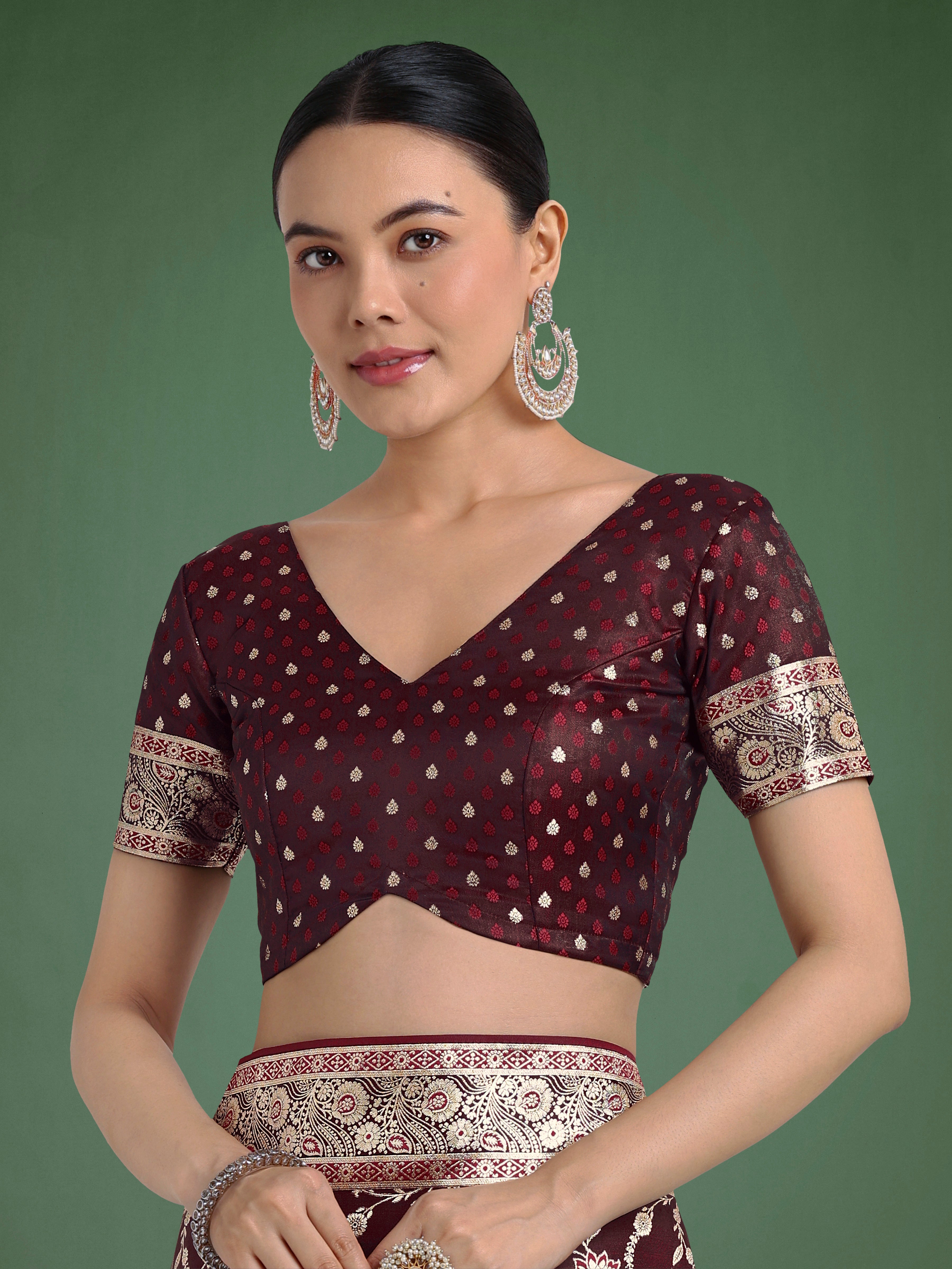 Monjolika Fashion Maroon Zari Woven Banarasi Classic Satin Silk Saree