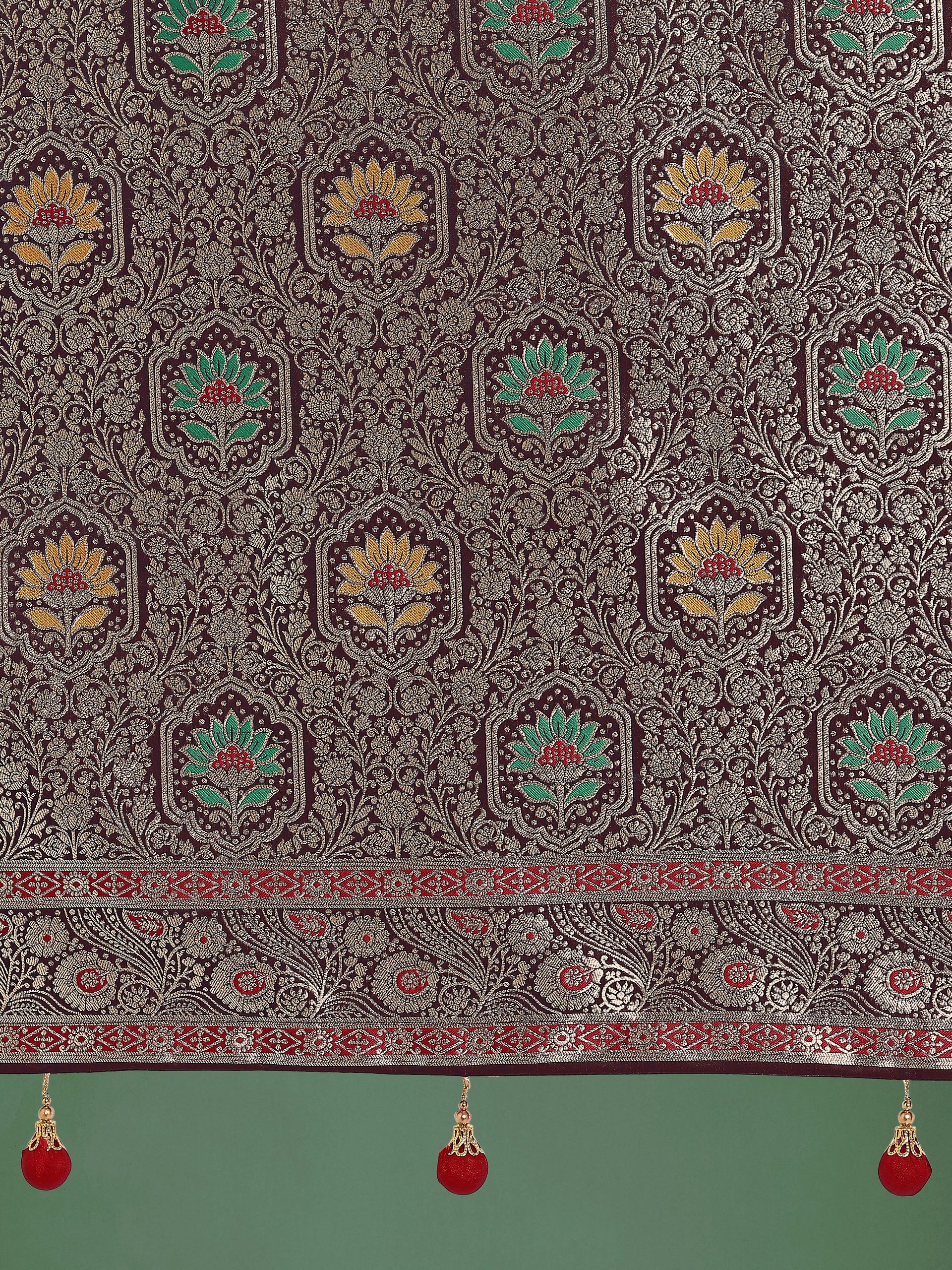 Monjolika Fashion Maroon Zari Woven Banarasi Classic Satin Silk Saree