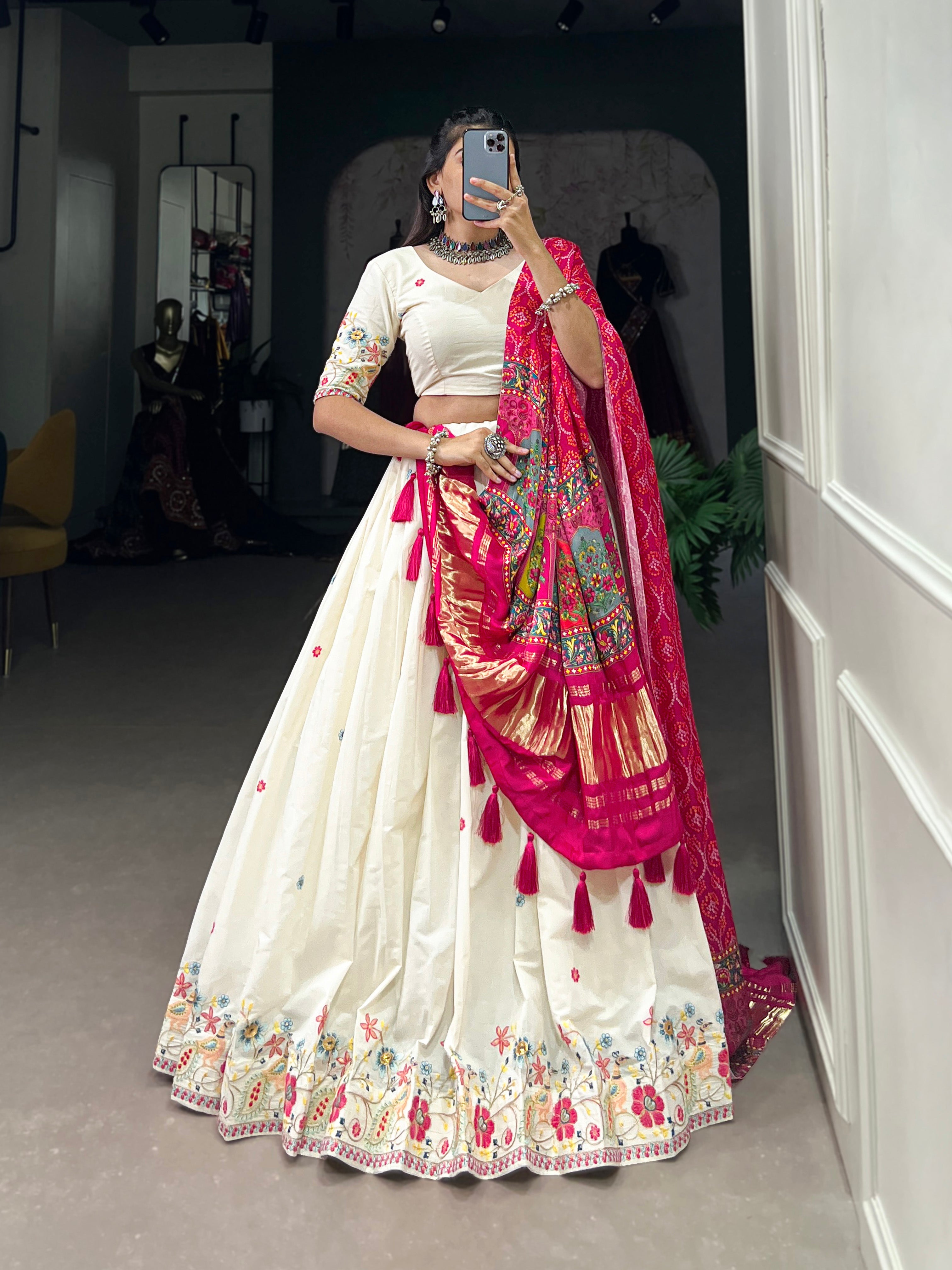 Lorenvalley Off White Khadi cotton Sequins And Thread Embroidery Work Lehenga Choli - Distacart