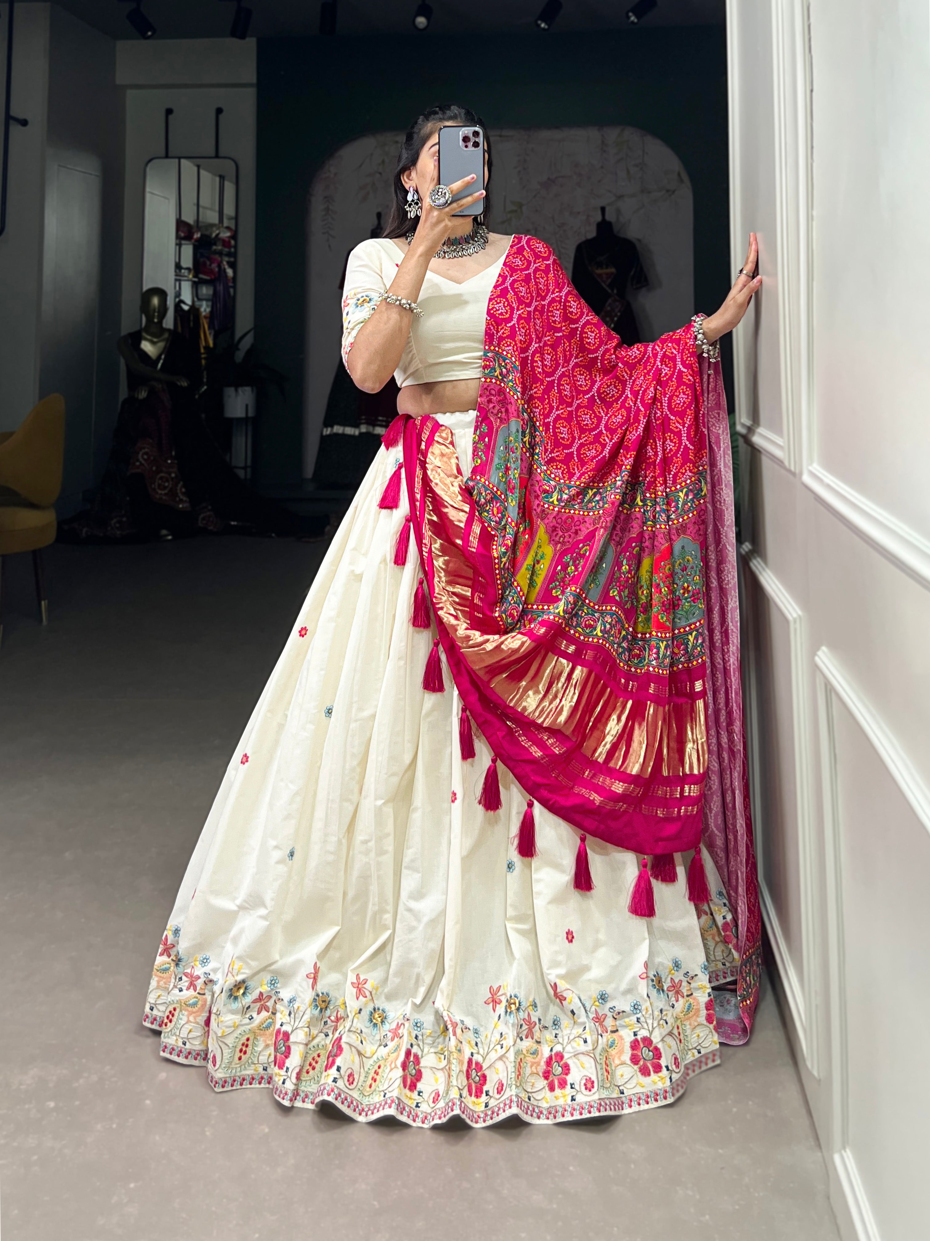 Lorenvalley Off White Khadi cotton Sequins And Thread Embroidery Work Lehenga Choli - Distacart