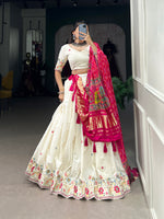 Thumbnail for Lorenvalley Off White Khadi cotton Sequins And Thread Embroidery Work Lehenga Choli - Distacart