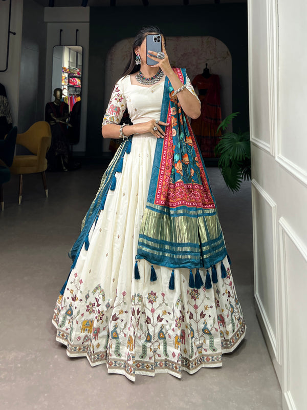 Lorenvalley Off White Khadi cotton Sequins And Thread Embroidery Work Lehenga Choli - Distacart