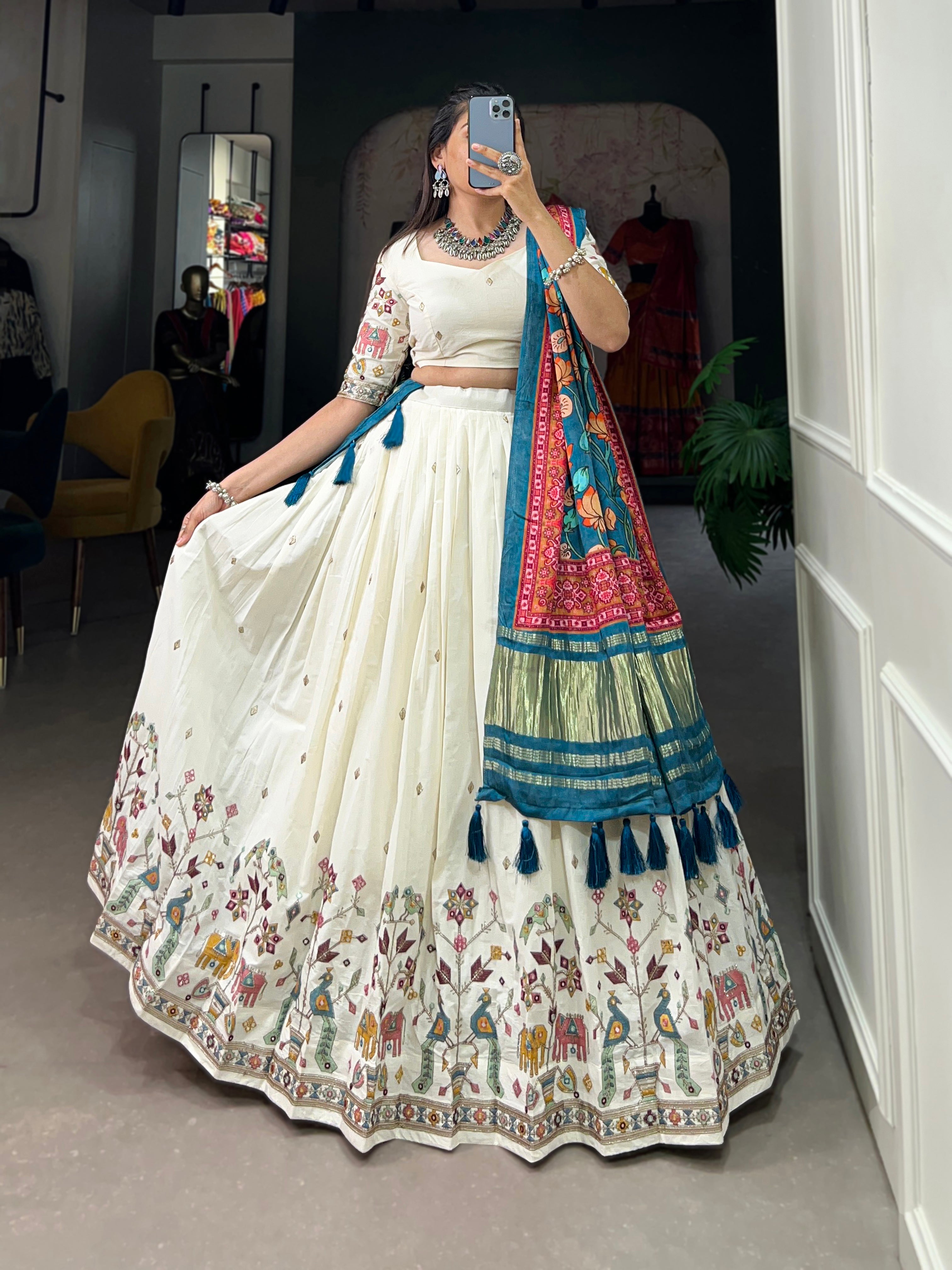 Lorenvalley Off White Khadi cotton Sequins And Thread Embroidery Work Lehenga Choli - Distacart