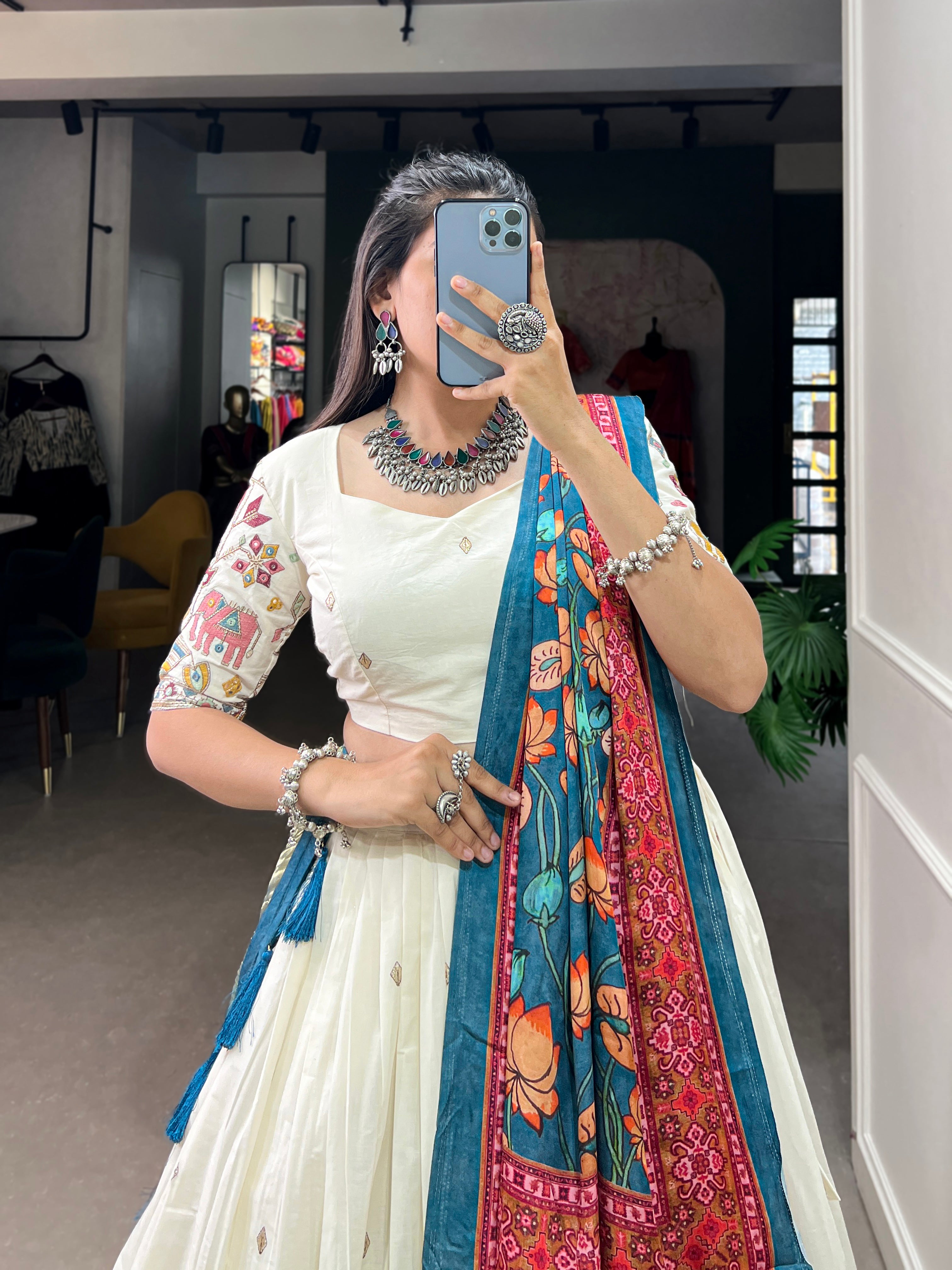 Lorenvalley Off White Khadi cotton Sequins And Thread Embroidery Work Lehenga Choli - Distacart