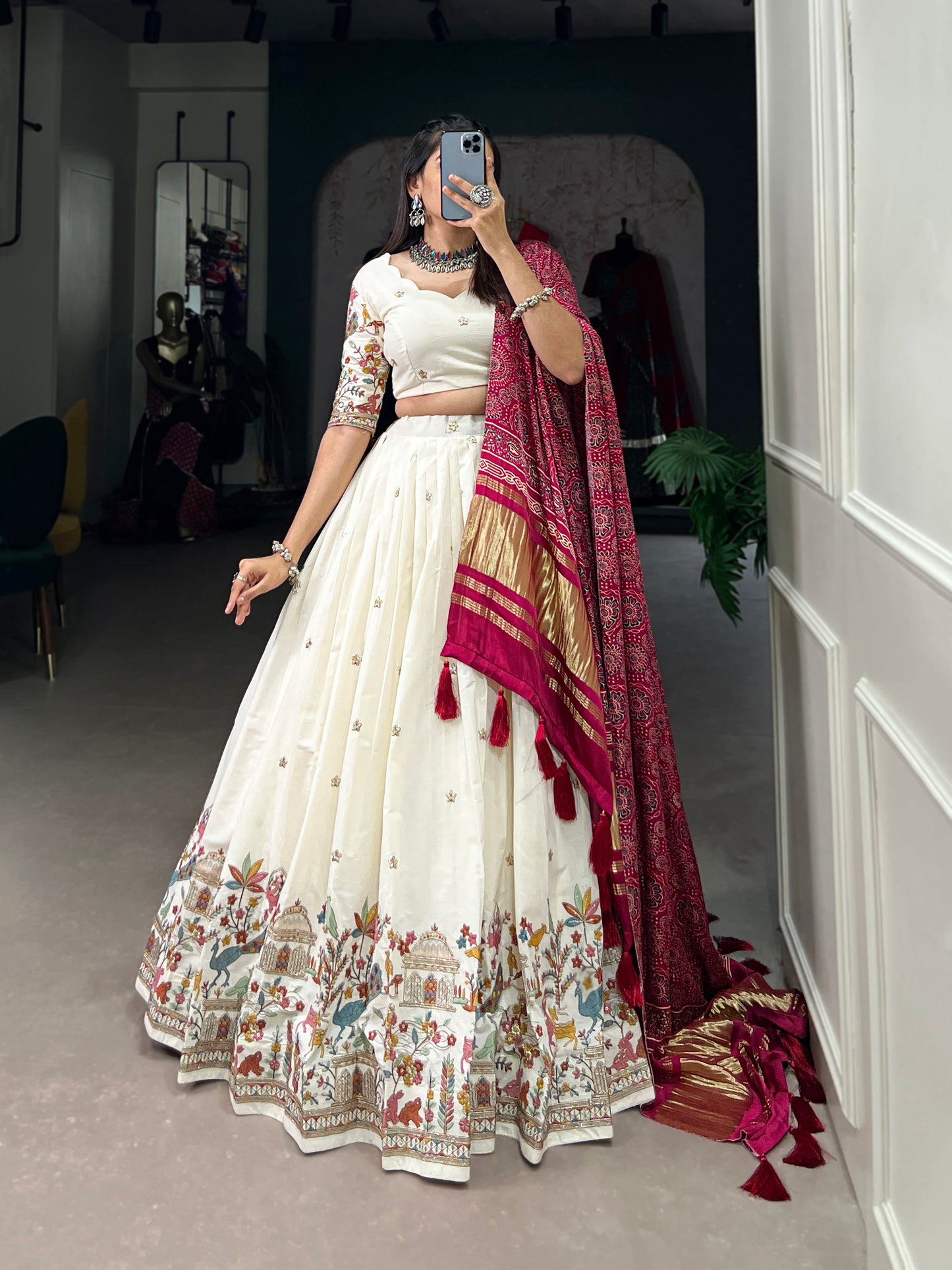 Lorenvalley Off White Khadi cotton Sequins And Thread Embroidery Work Lehenga Choli - Distacart