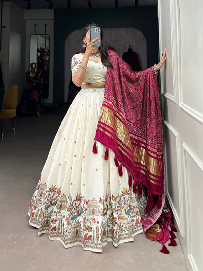 Lorenvalley Off White Khadi cotton Sequins And Thread Embroidery Work Lehenga Choli - Distacart