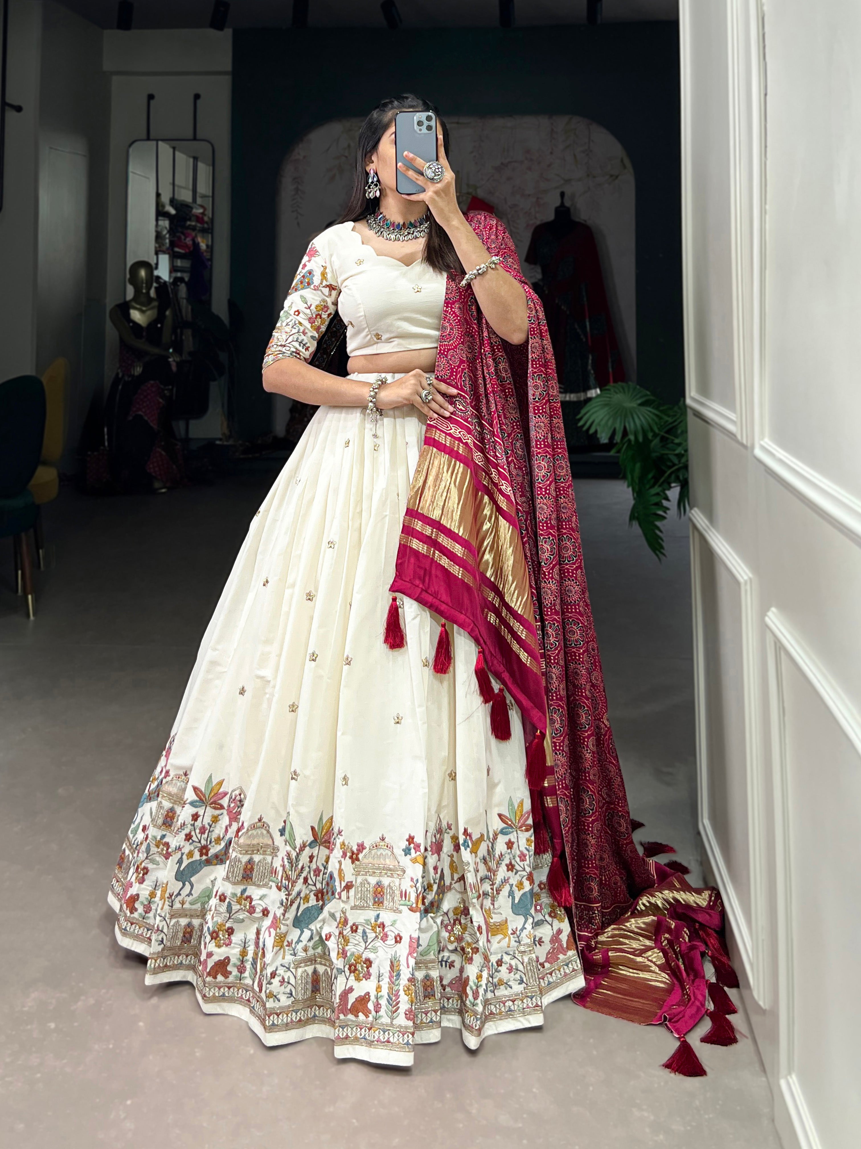 Lorenvalley Off White Khadi cotton Sequins And Thread Embroidery Work Lehenga Choli - Distacart