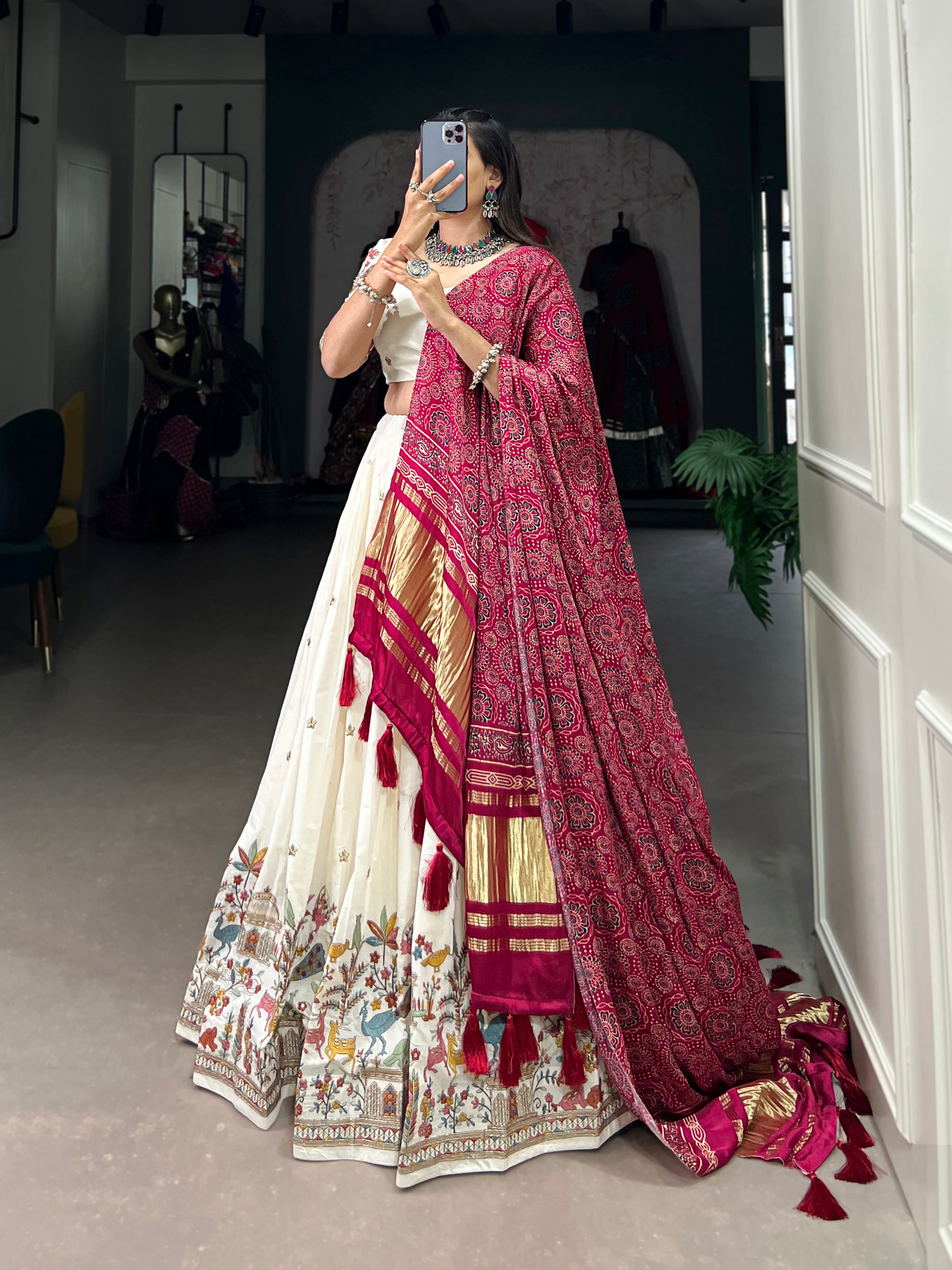 Lorenvalley Off White Khadi cotton Sequins And Thread Embroidery Work Lehenga Choli - Distacart