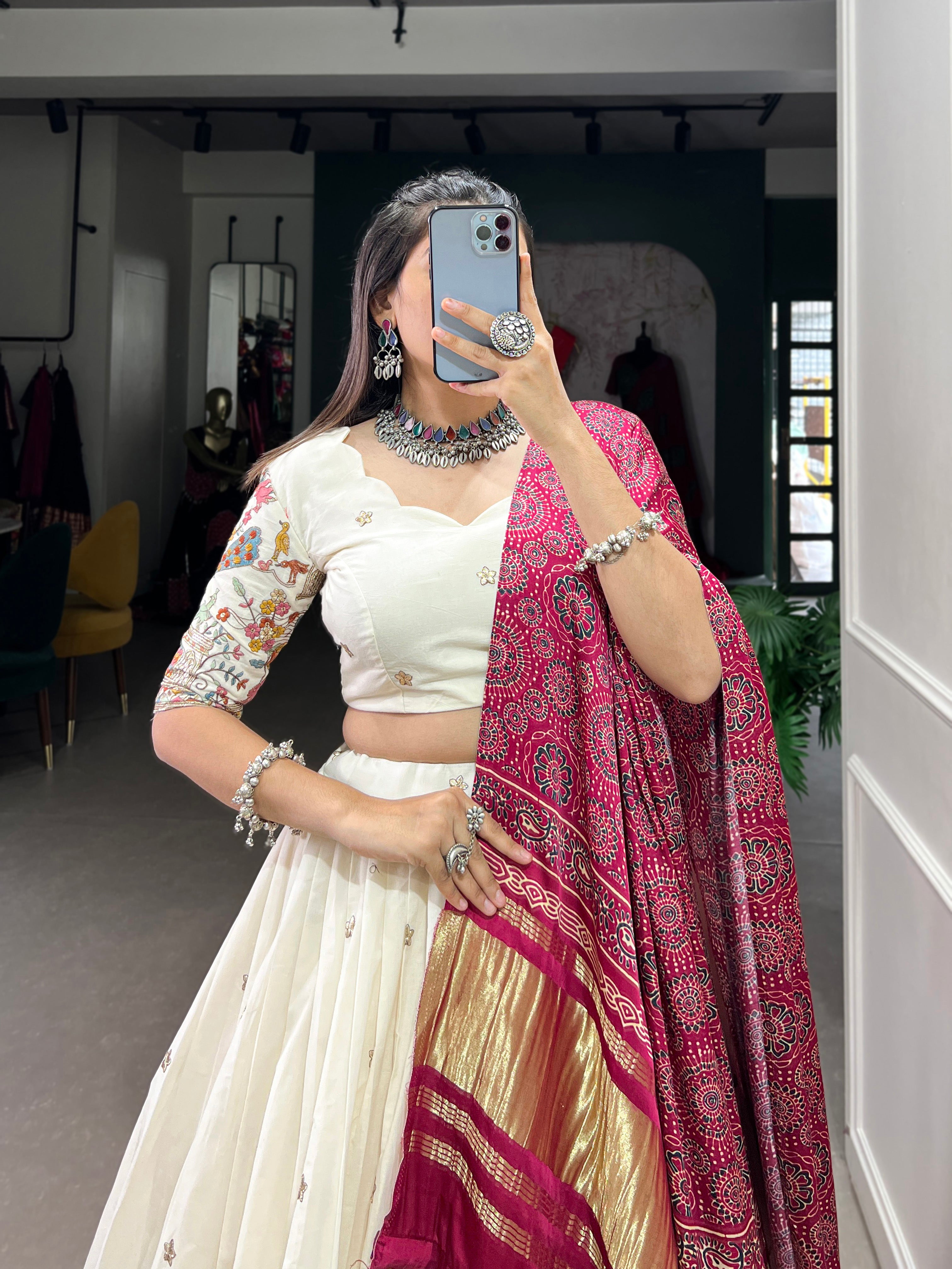 Lorenvalley Off White Khadi cotton Sequins And Thread Embroidery Work Lehenga Choli - Distacart