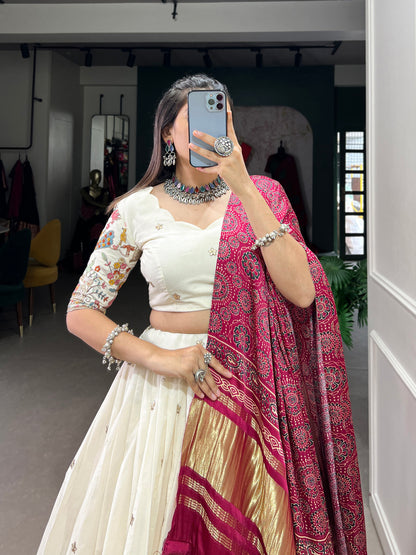 Lorenvalley Off White Khadi cotton Sequins And Thread Embroidery Work Lehenga Choli - Distacart