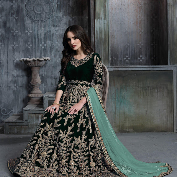 Anaita Dark Green Embroidered Velvet Patiala Suit - Distacart
