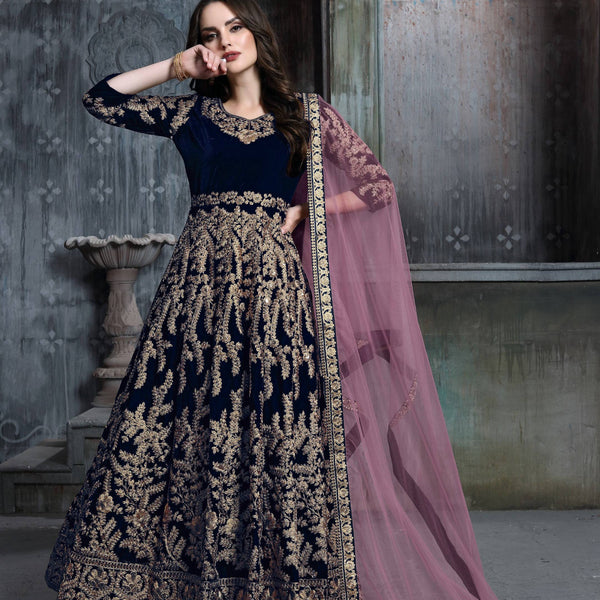 Anaita Navy Blue Embroidered Velvet Patiala Suit - Distacart