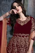 Thumbnail for Anaita Maroon Embroidered Velvet Patiala Suit - Distacart