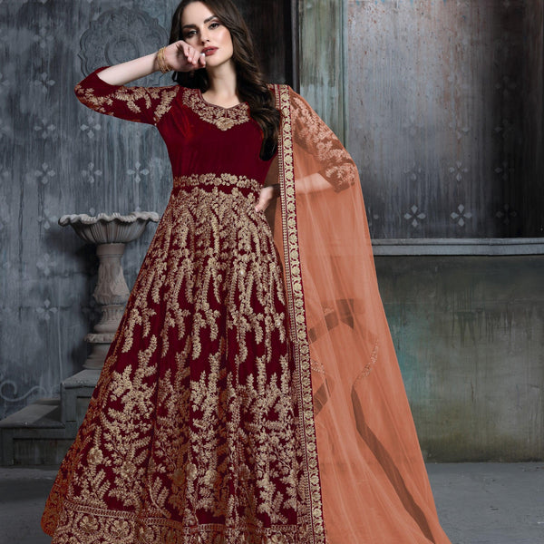 Anaita Maroon Embroidered Velvet Patiala Suit - Distacart