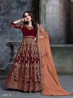 Thumbnail for Anaita Maroon Embroidered Velvet Patiala Suit - Distacart