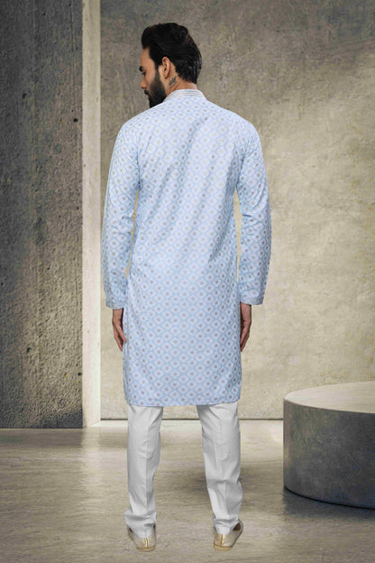 Raivat Ethnic Cotton Printed Work Kurta Pajama In Sky Blue Colour - Distacart
