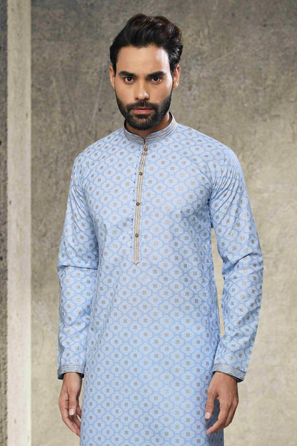 Raivat Ethnic Cotton Printed Work Kurta Pajama In Sky Blue Colour - Distacart