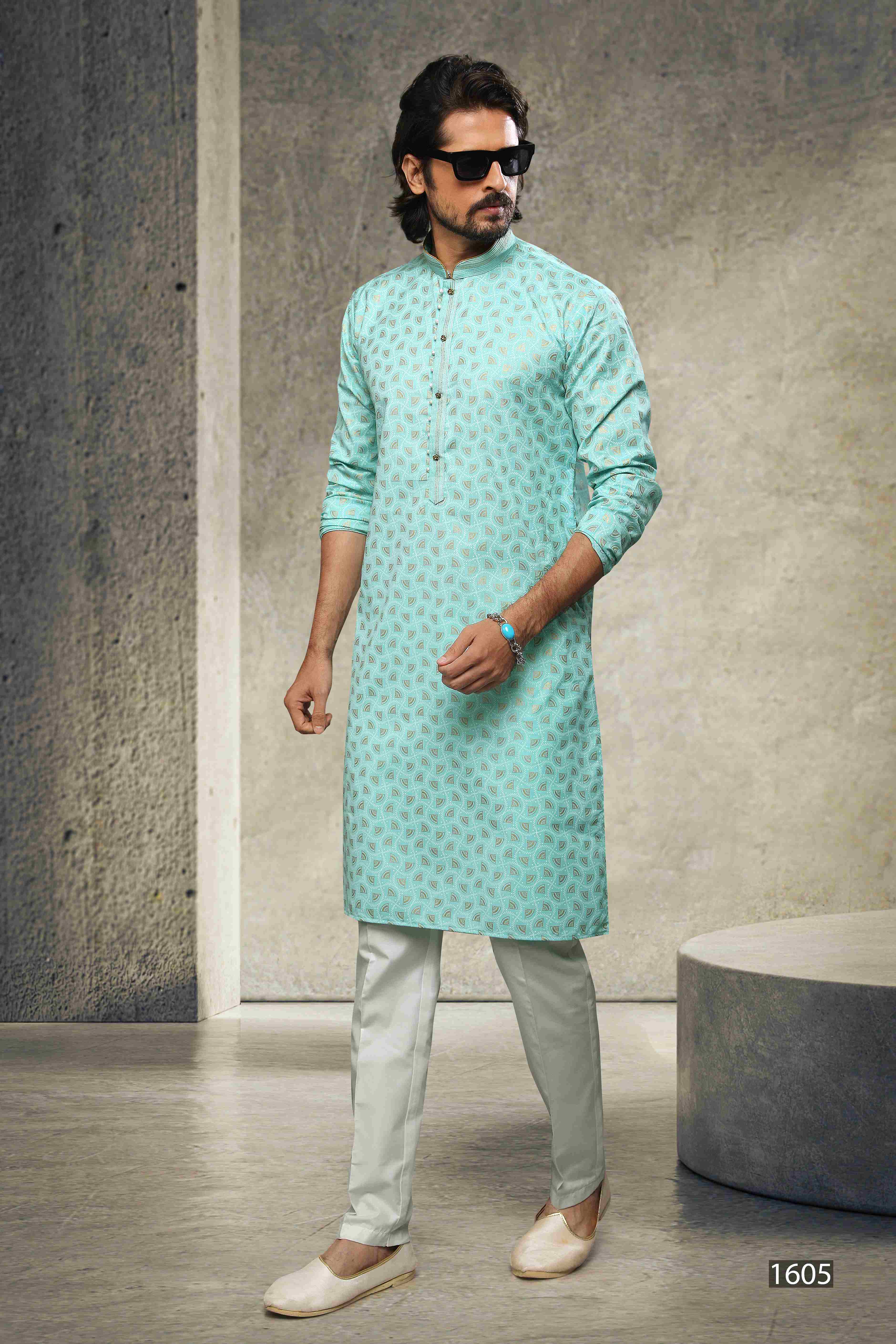 Raivat Ethnic Cotton Printed Work Kurta Pajama In Sea Green Colour - Distacart
