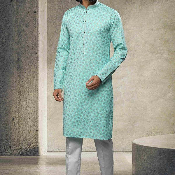 Raivat Ethnic Cotton Printed Work Kurta Pajama In Sea Green Colour - Distacart