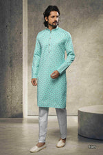 Thumbnail for Raivat Ethnic Cotton Printed Work Kurta Pajama In Sea Green Colour - Distacart