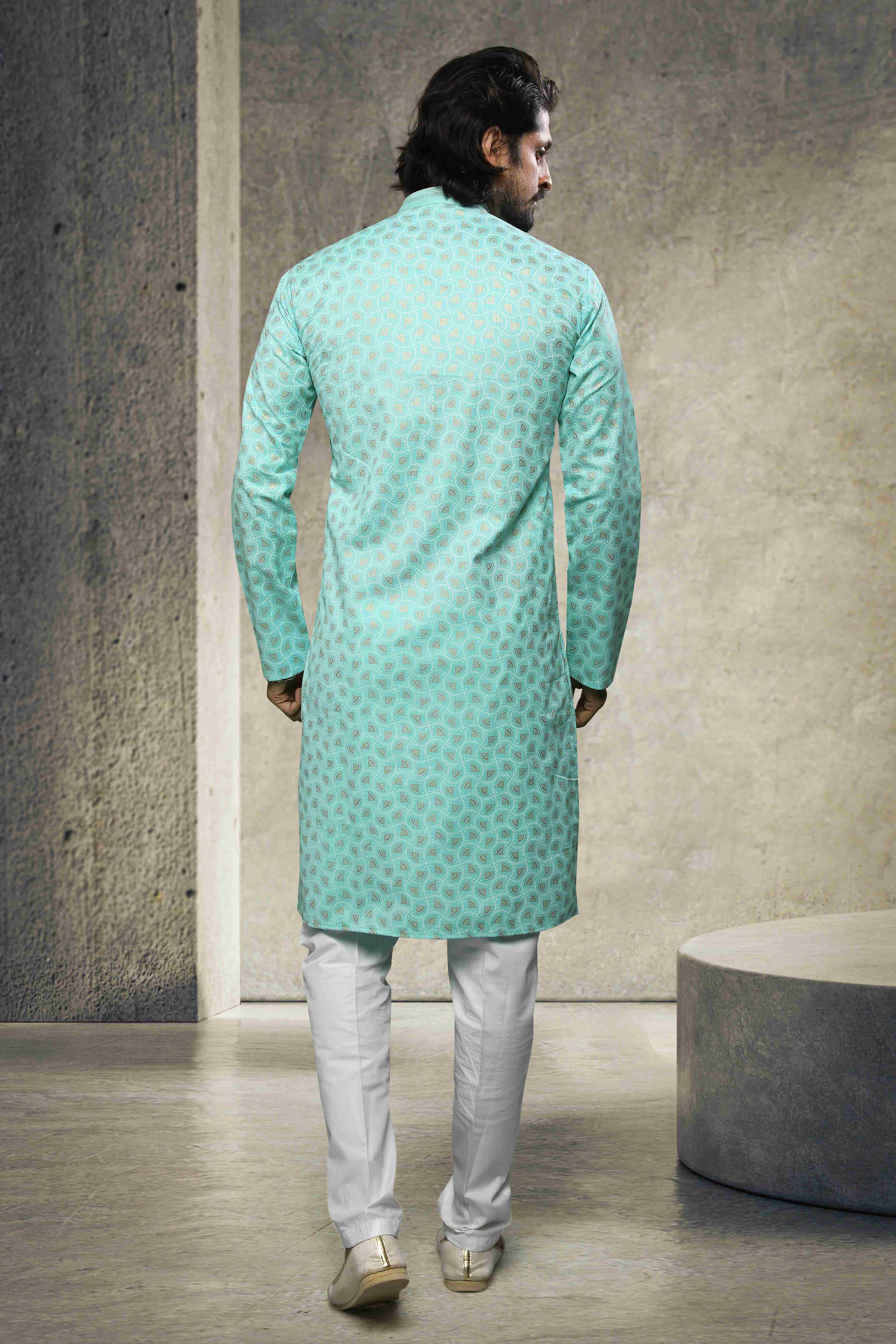 Raivat Ethnic Cotton Printed Work Kurta Pajama In Sea Green Colour - Distacart