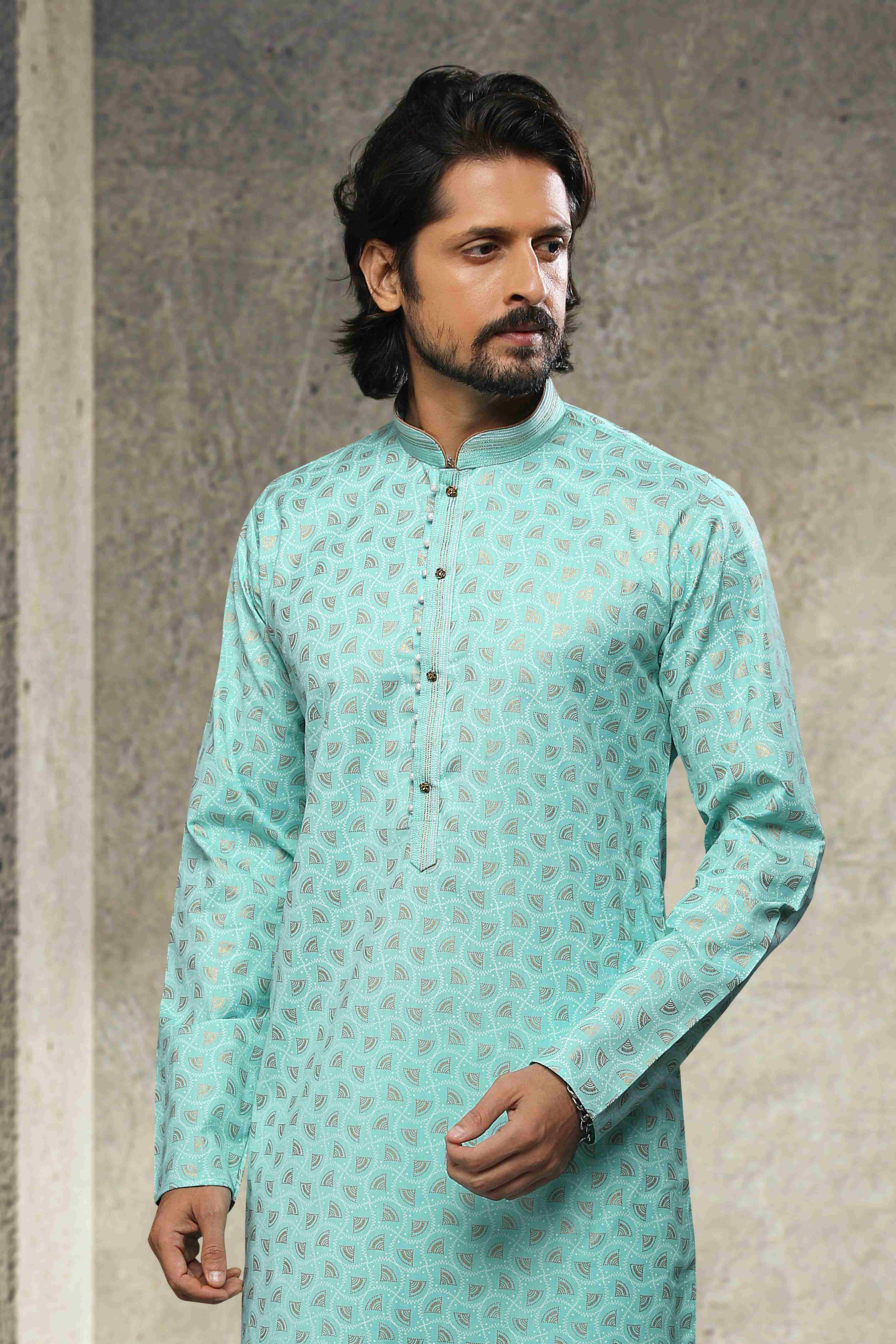 Raivat Ethnic Cotton Printed Work Kurta Pajama In Sea Green Colour - Distacart
