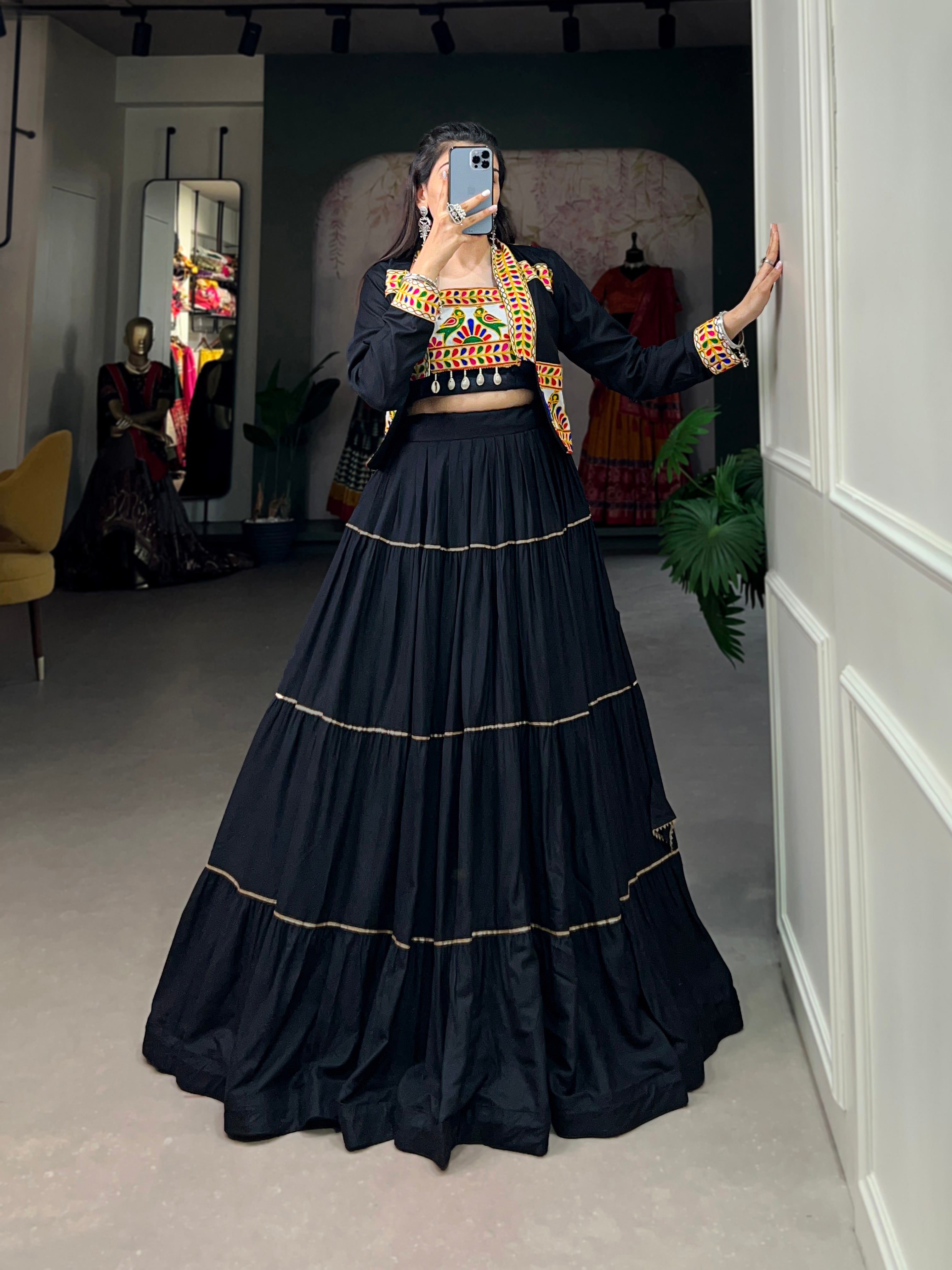Lorenvalley Fashion Black Pure Rayon Plain With Gota Patti Touch Up Lehenga Choli with Koti - Distacart