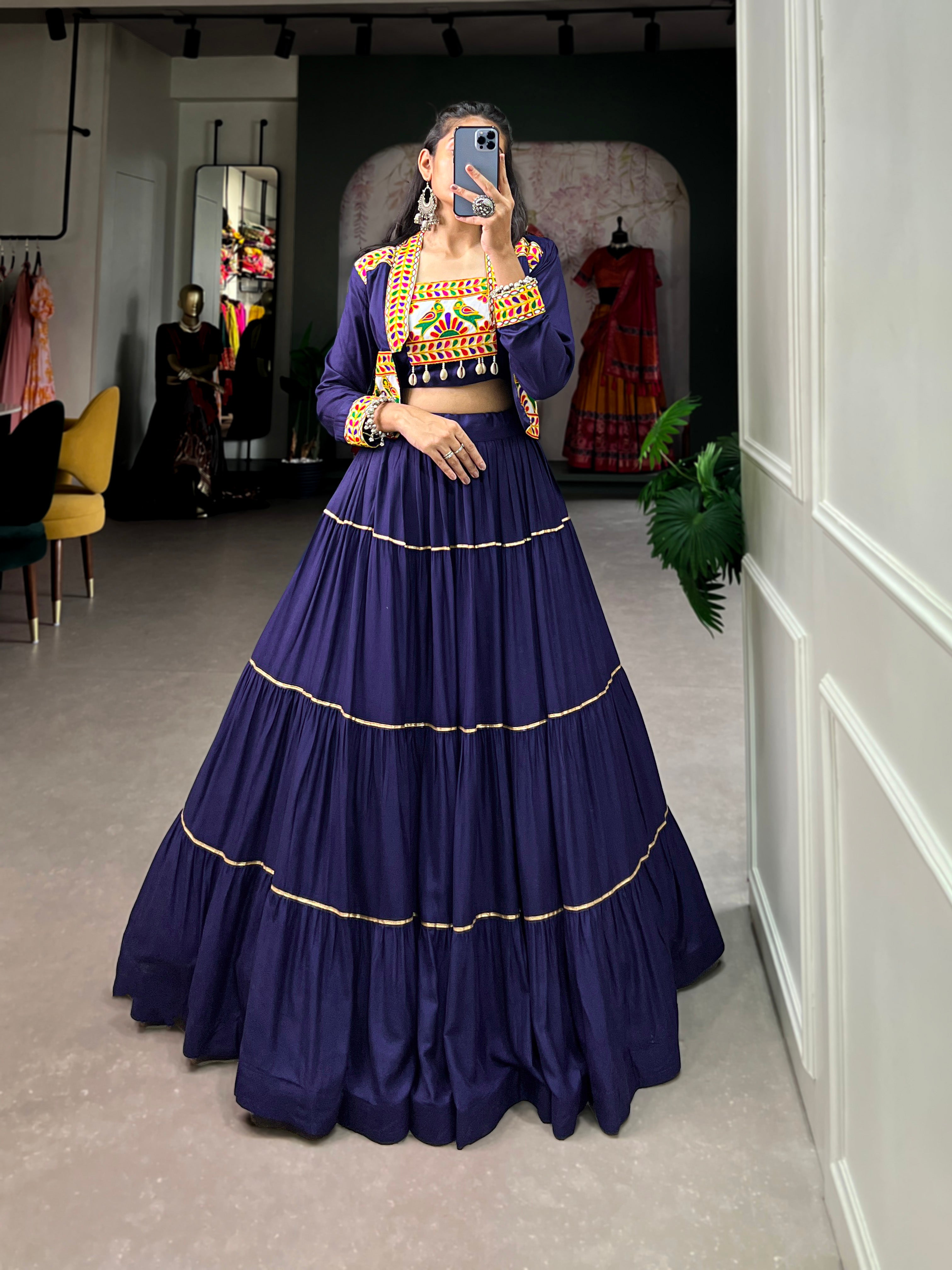 Lorenvalley Fashion Navyblue Pure Rayon Plain With Gota Patti Touch Up Lehenga Choli with Koti - Distacart