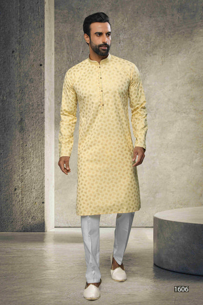 Raivat Ethnic Cotton Printed Work Kurta Pajama In Yellow Colour - Distacart