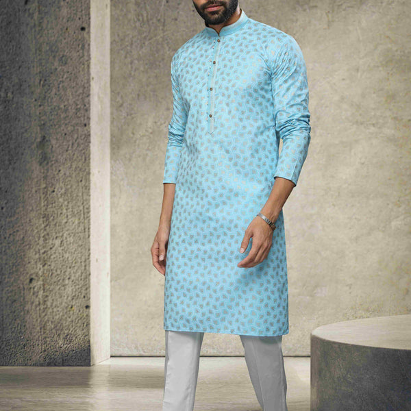 Raivat Ethnic Cotton Printed Work Kurta Pajama In Sky Blue Colour - Distacart