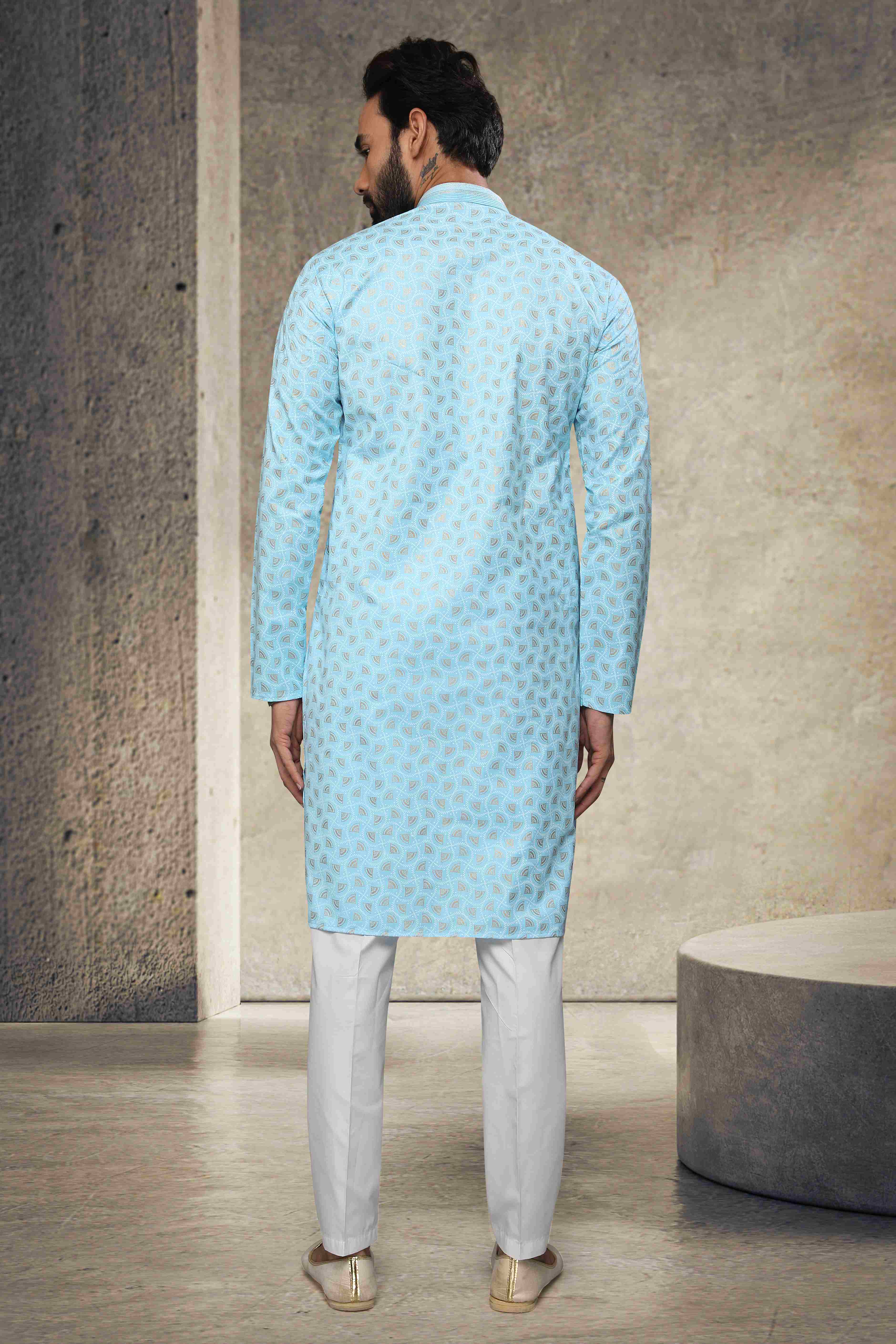 Raivat Ethnic Cotton Printed Work Kurta Pajama In Sky Blue Colour - Distacart