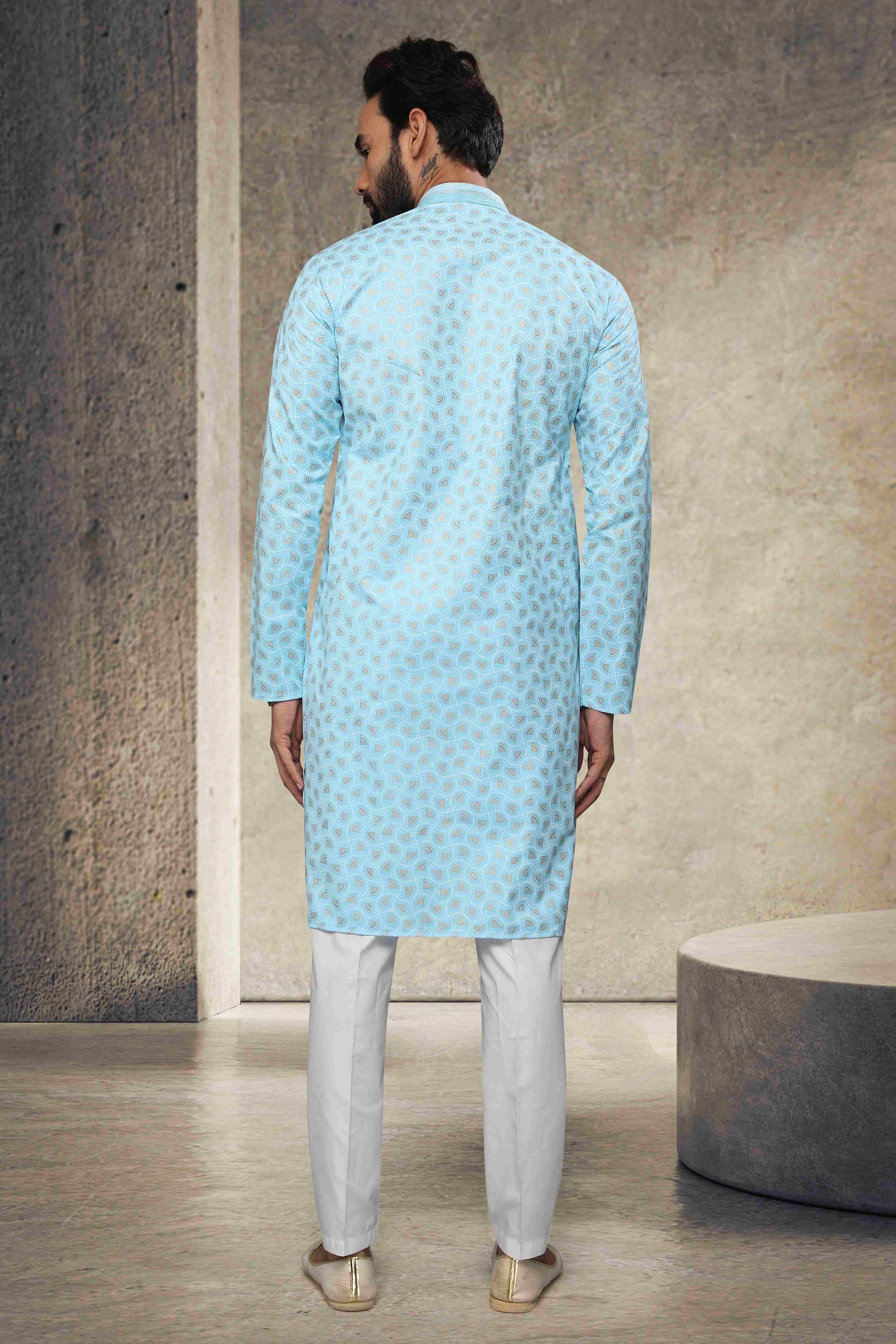 Raivat Ethnic Cotton Printed Work Kurta Pajama In Sky Blue Colour - Distacart