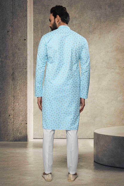 Raivat Ethnic Cotton Printed Work Kurta Pajama In Sky Blue Colour - Distacart