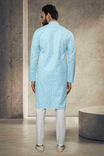 Thumbnail for Raivat Ethnic Cotton Printed Work Kurta Pajama In Sky Blue Colour - Distacart