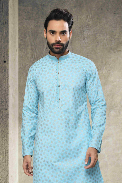Raivat Ethnic Cotton Printed Work Kurta Pajama In Sky Blue Colour - Distacart