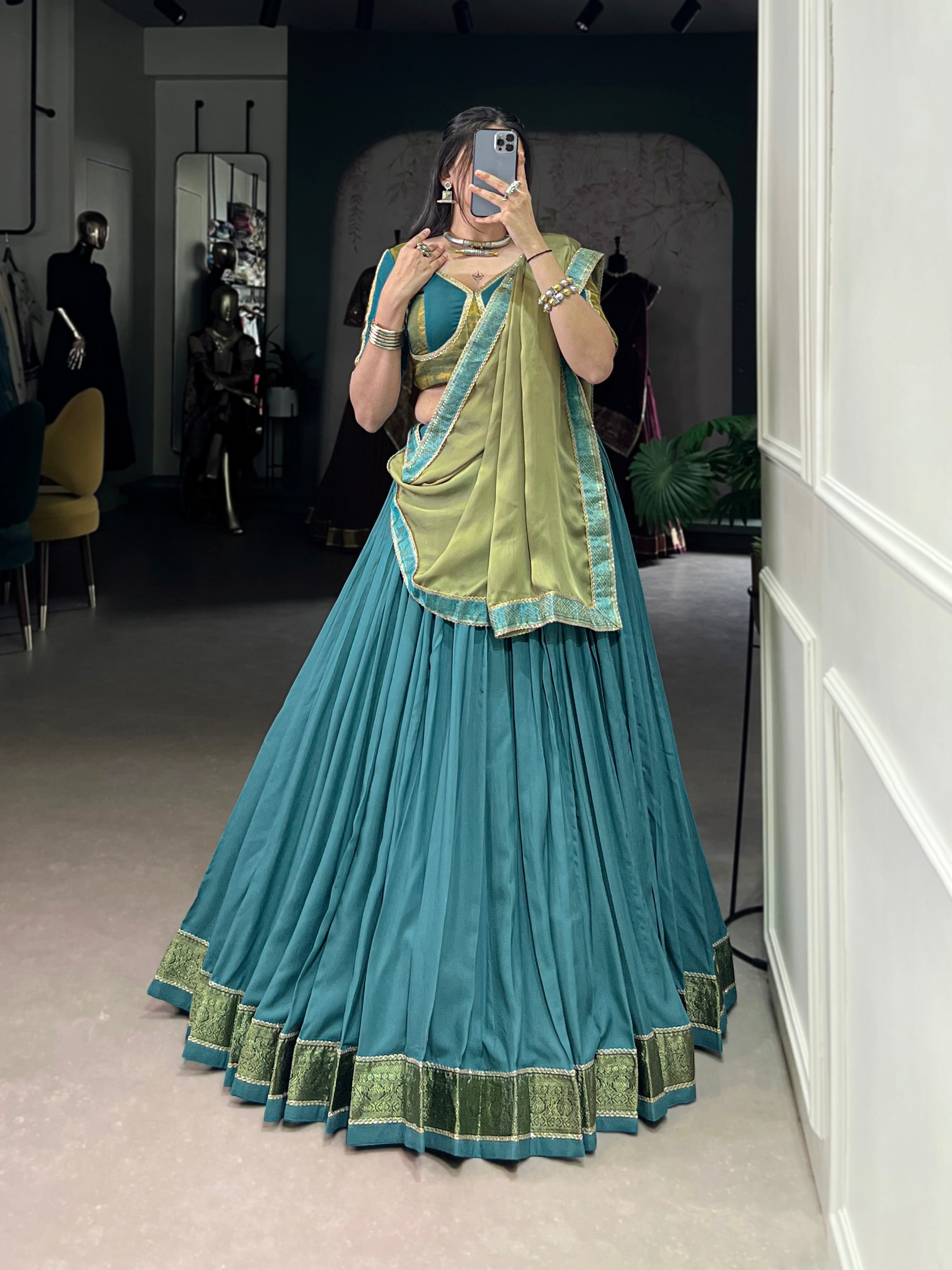 Lorenvalley Teal Pure Rayon Zari Weaving Work With Lace Border Lehenga Choli with Dupatta