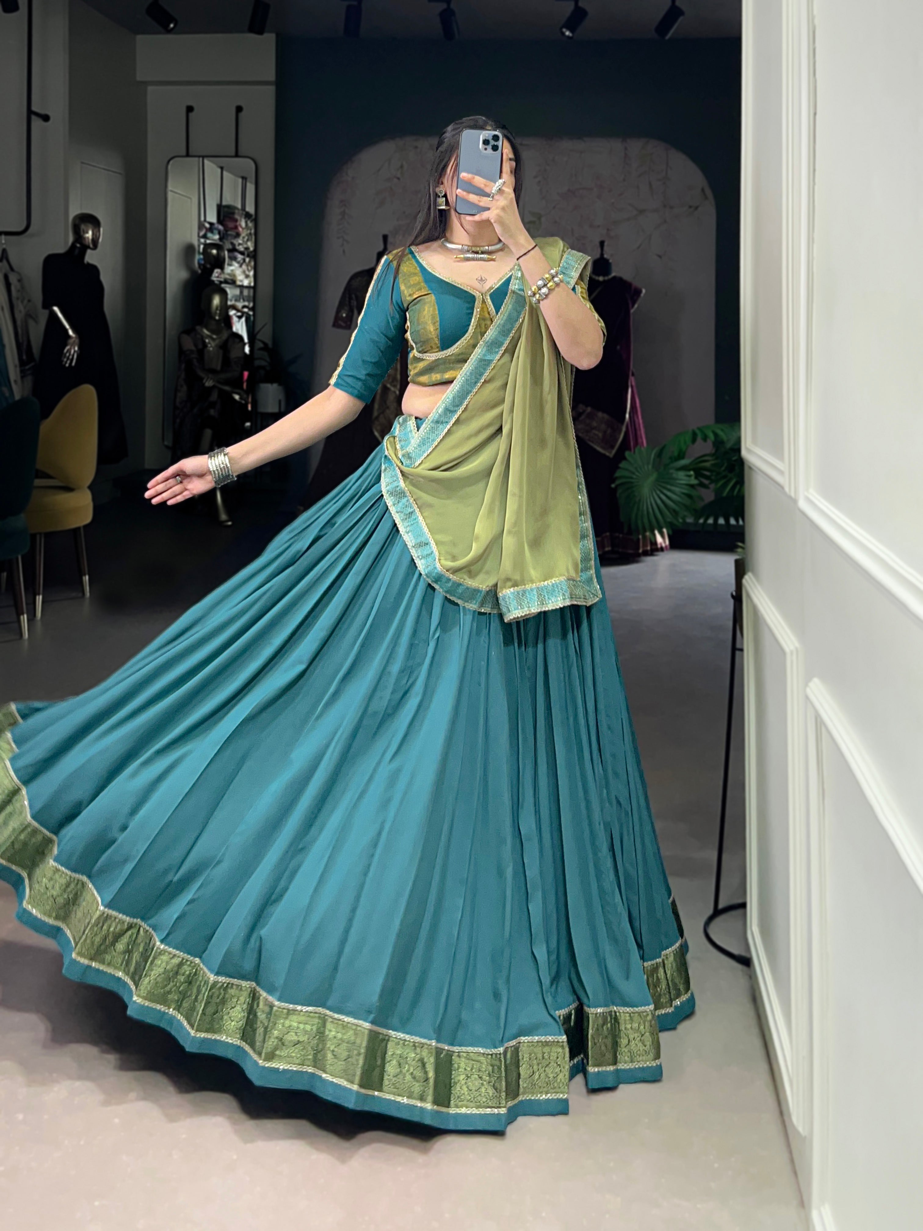 Lorenvalley Teal Pure Rayon Zari Weaving Work With Lace Border Lehenga Choli with Dupatta