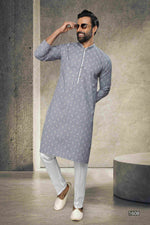 Thumbnail for Raivat Ethnic Cotton Printed Work Kurta Pajama In Grey Colour - Distacart
