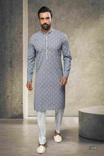 Thumbnail for Raivat Ethnic Cotton Printed Work Kurta Pajama In Grey Colour - Distacart
