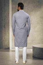 Thumbnail for Raivat Ethnic Cotton Printed Work Kurta Pajama In Grey Colour - Distacart
