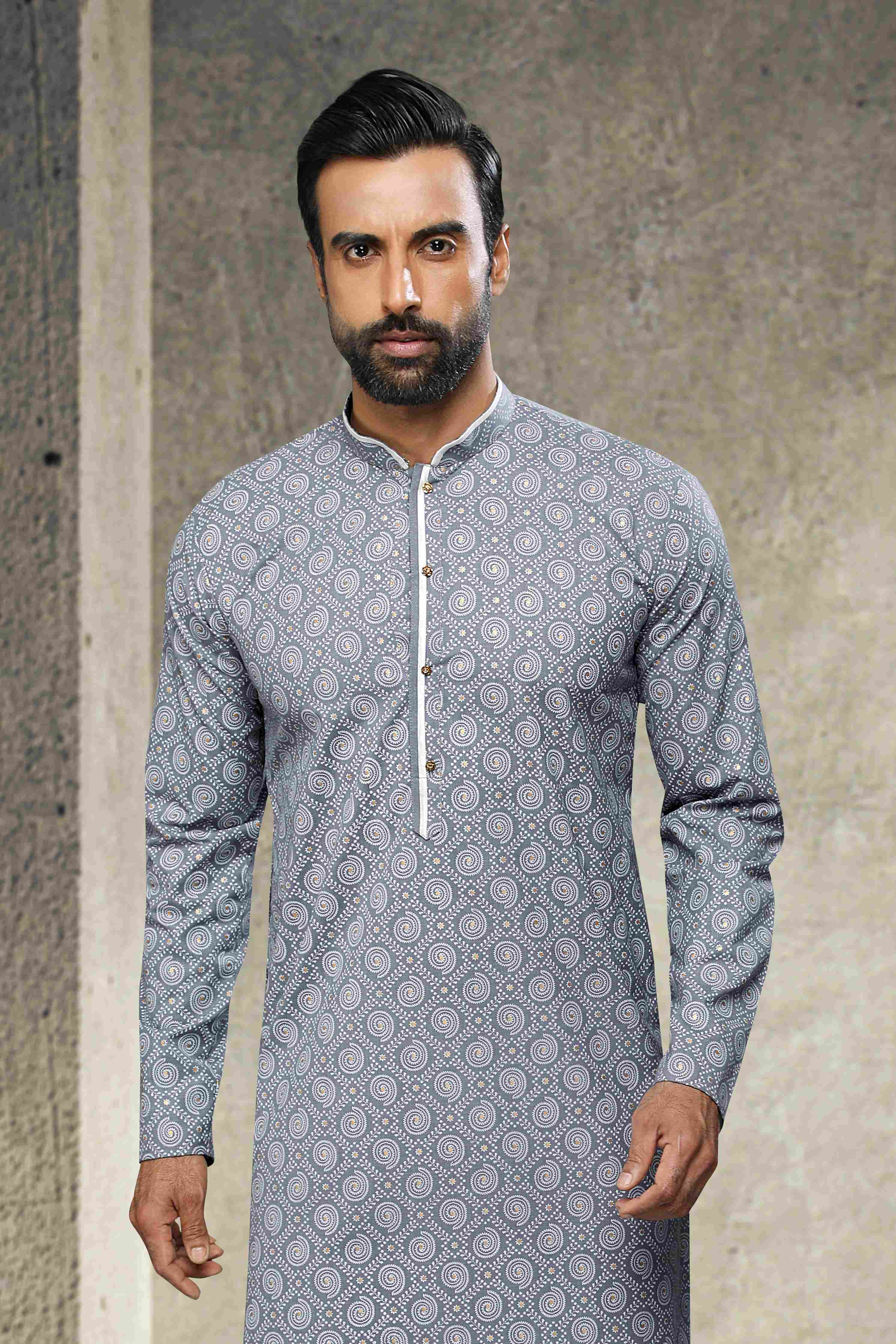 Raivat Ethnic Cotton Printed Work Kurta Pajama In Grey Colour - Distacart