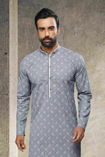 Thumbnail for Raivat Ethnic Cotton Printed Work Kurta Pajama In Grey Colour - Distacart