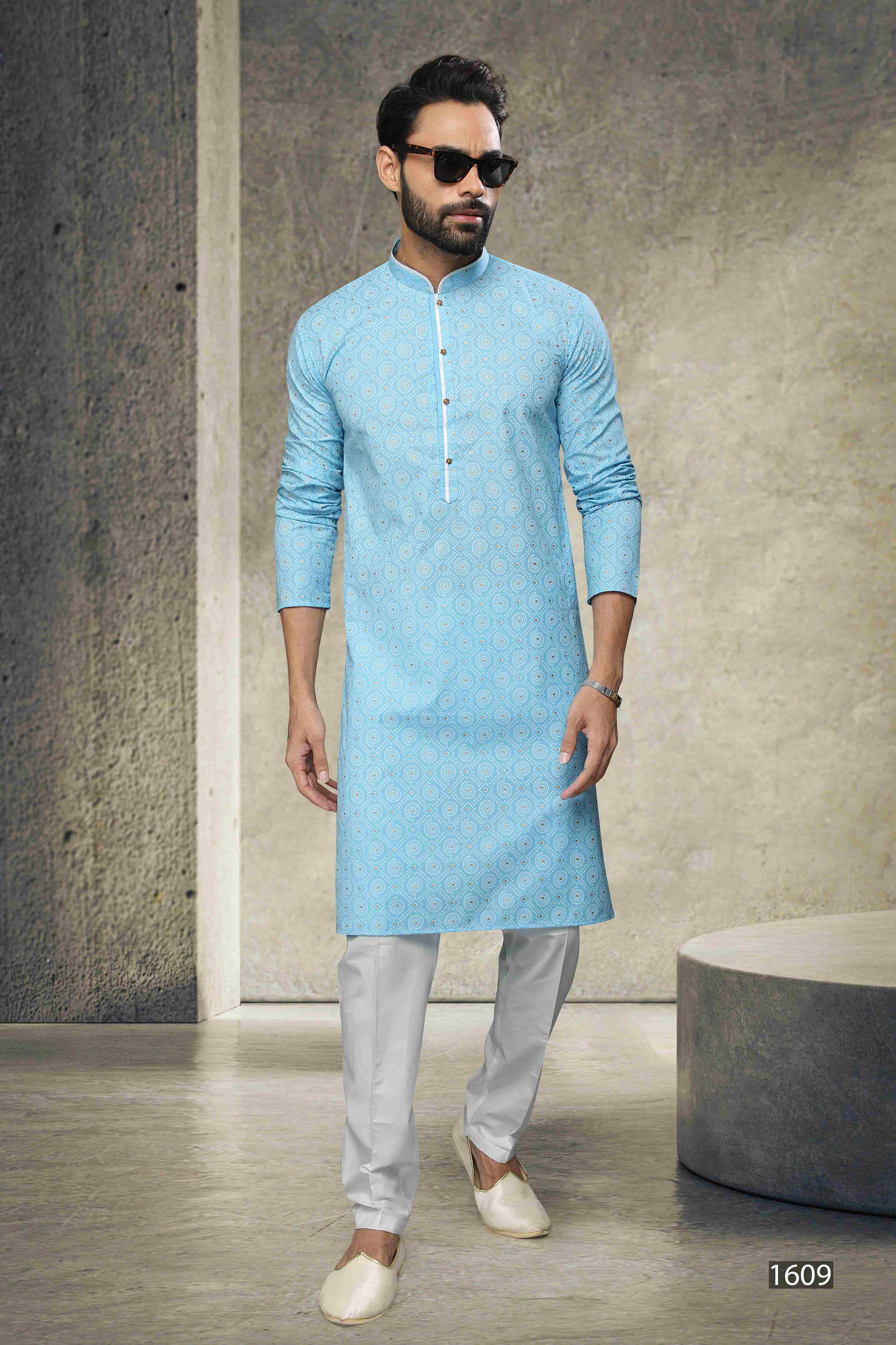 Raivat Ethnic Cotton Printed Work Kurta Pajama In Sky Blue Colour - Distacart